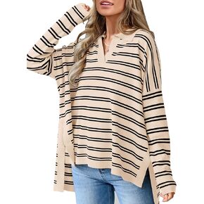 MASCOMODA Womens Sweaters Fall 2024 Oversized Striped Sweater Long Sleeve Polo V Neck Loose Side Slit Knitted Tunic Tops in Kuwait