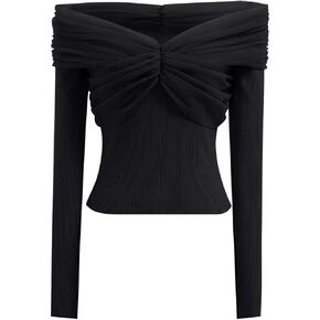 CHICWISH Women Black Off Shoulder Knit Top Sexy Long Sleeve Mesh Spliced Night Out Tunics Tops
