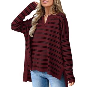 MASCOMODA Womens Sweaters Fall 2024 Oversized Striped Sweater Long Sleeve Polo V Neck Loose Side Slit Knitted Tunic Tops