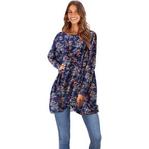 YESNO المرأة 2024 الجرافيك كنزة بمقاس كبير البلوزات المطبوعة عادية قارب الرقبة سترة طويلة الأكمام متماسكة القمم S05 in Kuwait