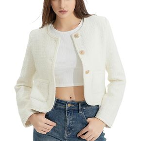Tweed Casual Blazer Jacket for Women Cropped Crew Open Front Gold Button Blazer Office