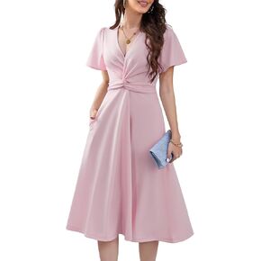 DRESSTELLS Women's Cocktail Dress with Pockets 2025, Twist Knot Ruched Wrap Dresses, V Neck & Bow Tie in Kuwait