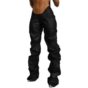 Women's Stacked Faux Leather Pants, Low Waist Ruched Metallic Trouser