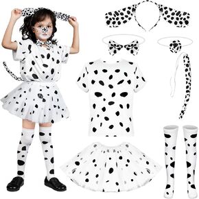 QZYL Halloween Dalmatian Costume, Spotted Puppy Cosplay Outfits for Girl, Shirt Tutu with Headband Tail Nose Bowtie Socks Set