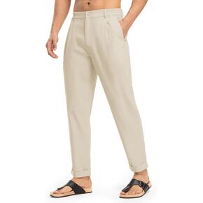 Rdruko Men's Slim Fit Cotton Linen Pants Lightweight Casual Pants Elastic Waist Summer Beach Pants with Pockets, Light Khaki, M