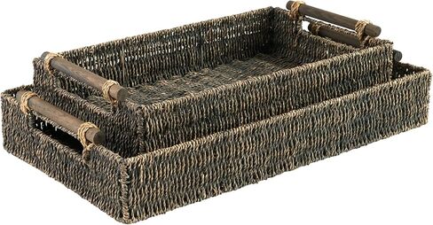 Signature Design by Ashley Halima Bohemian Rectangular Woven Wicker 2 Piece Storage Tray Set, Dark Brown in Saudi Arabia