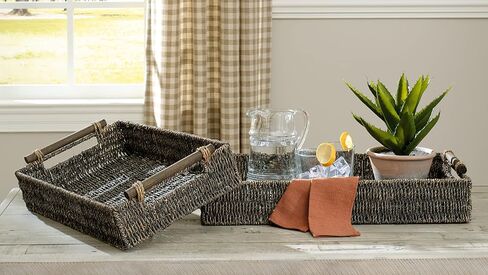 Signature Design by Ashley Halima Bohemian Rectangular Woven Wicker 2 Piece Storage Tray Set, Dark Brown in Saudi Arabia