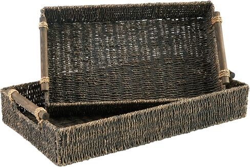 Signature Design by Ashley Halima Bohemian Rectangular Woven Wicker 2 Piece Storage Tray Set, Dark Brown in Saudi Arabia