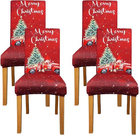 Christmas Chair Covers Set of 4, Christmas Decorations Stretch Removable Washable Dining Room Chair Protector Slipcovers for Xmas Decor Holiday Party Home Decoracion De Navidad (Christmas 4, 4 PCS) in Kuwait