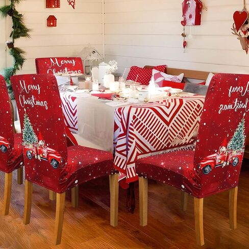 Christmas Chair Covers Set of 4, Christmas Decorations Stretch Removable Washable Dining Room Chair Protector Slipcovers for Xmas Decor Holiday Party Home Decoracion De Navidad (Christmas 4, 4 PCS) in Kuwait