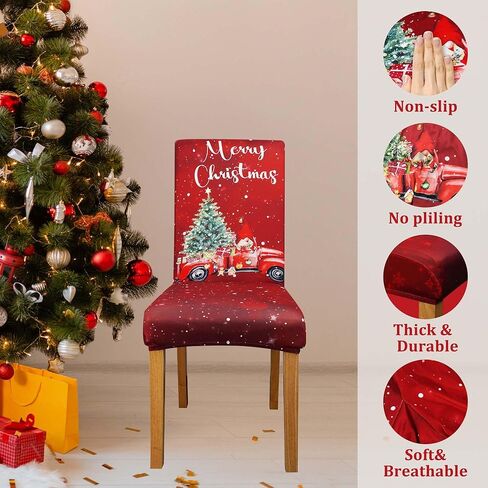Christmas Chair Covers Set of 4, Christmas Decorations Stretch Removable Washable Dining Room Chair Protector Slipcovers for Xmas Decor Holiday Party Home Decoracion De Navidad (Christmas 4, 4 PCS) in Kuwait