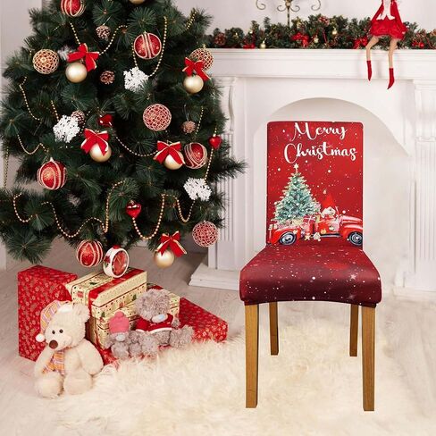 Christmas Chair Covers Set of 4, Christmas Decorations Stretch Removable Washable Dining Room Chair Protector Slipcovers for Xmas Decor Holiday Party Home Decoracion De Navidad (Christmas 4, 4 PCS) in Kuwait