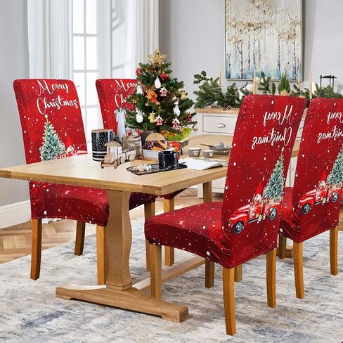 Christmas Chair Covers Set of 4, Christmas Decorations Stretch Removable Washable Dining Room Chair Protector Slipcovers for Xmas Decor Holiday Party Home Decoracion De Navidad (Christmas 4, 4 PCS) in Kuwait