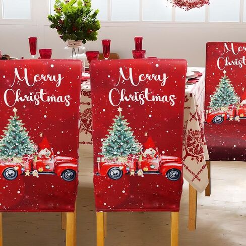 Christmas Chair Covers Set of 4, Christmas Decorations Stretch Removable Washable Dining Room Chair Protector Slipcovers for Xmas Decor Holiday Party Home Decoracion De Navidad (Christmas 4, 4 PCS) in Kuwait