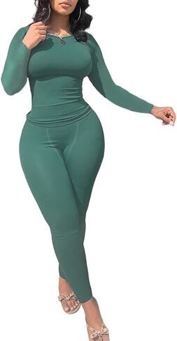 LICOBOD XS-3XL Women's 2 Piece Outfits Ribbed Long Sleeve Set Fitted T-shirt High Waist Elastic Leggins Casual Matching in Kuwait