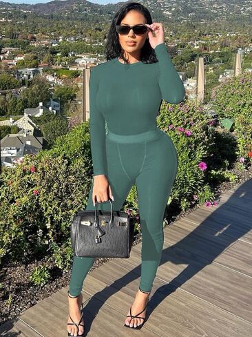LICOBOD XS-3XL Women's 2 Piece Outfits Ribbed Long Sleeve Set Fitted T-shirt High Waist Elastic Leggins Casual Matching in Kuwait