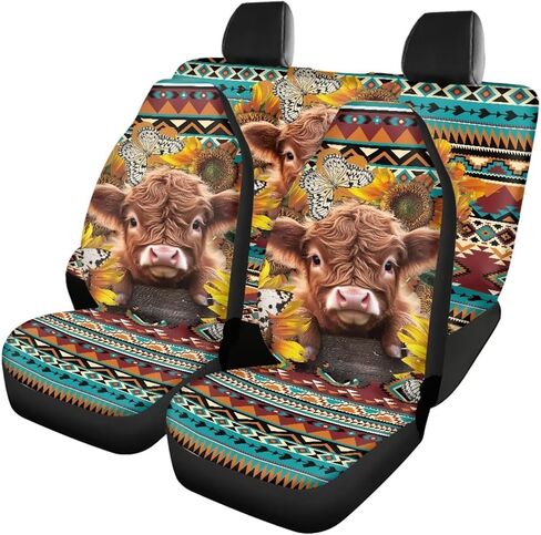 Bulopur Highland Cow Automotive Seat Cover 4Pcs, Car with Front Drive Seat Cover and Rear Split Bench Cover, Auto Interior Decoration Fits Most Cars, SUVs, and Trucks in Kuwait