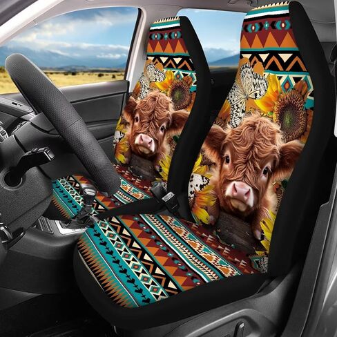 Bulopur Highland Cow Automotive Seat Cover 4Pcs, Car with Front Drive Seat Cover and Rear Split Bench Cover, Auto Interior Decoration Fits Most Cars, SUVs, and Trucks in Kuwait