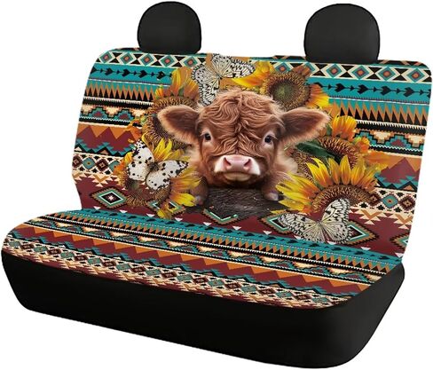 Bulopur Highland Cow Automotive Seat Cover 4Pcs, Car with Front Drive Seat Cover and Rear Split Bench Cover, Auto Interior Decoration Fits Most Cars, SUVs, and Trucks in Kuwait