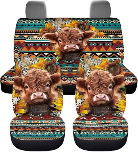 Bulopur Highland Cow Automotive Seat Cover 4Pcs, Car with Front Drive Seat Cover and Rear Split Bench Cover, Auto Interior Decoration Fits Most Cars, SUVs, and Trucks in Kuwait