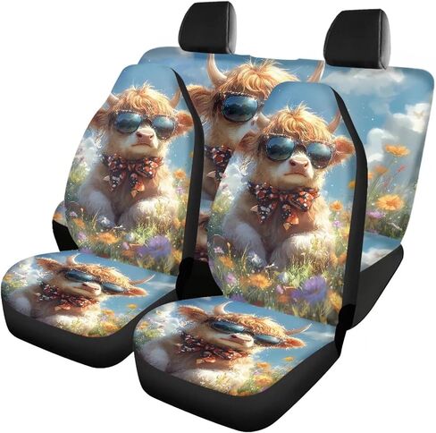 Bulopur Highland Cow Automotive Seat Cover 4Pcs, Car with Front Drive Seat Cover and Rear Split Bench Cover, Auto Interior Decoration Fits Most Cars, SUVs, and Trucks in Kuwait