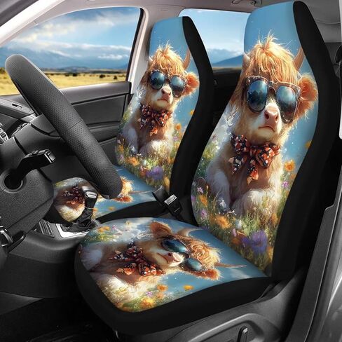 Bulopur Highland Cow Automotive Seat Cover 4Pcs, Car with Front Drive Seat Cover and Rear Split Bench Cover, Auto Interior Decoration Fits Most Cars, SUVs, and Trucks in Kuwait