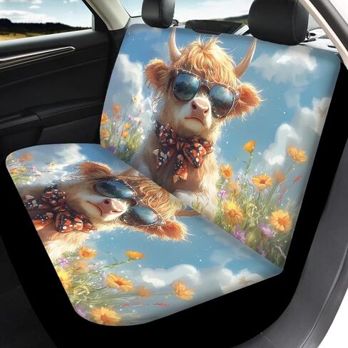 Bulopur Highland Cow Automotive Seat Cover 4Pcs, Car with Front Drive Seat Cover and Rear Split Bench Cover, Auto Interior Decoration Fits Most Cars, SUVs, and Trucks in Kuwait
