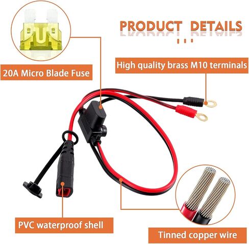 Wires Harness Compatible with GC002 X-Connect M6 (1/4in) XL Eyelet Terminal Connector for Genius Smart Battery Chargers Cable with 20A fuses(M6,2PACK) in Kuwait