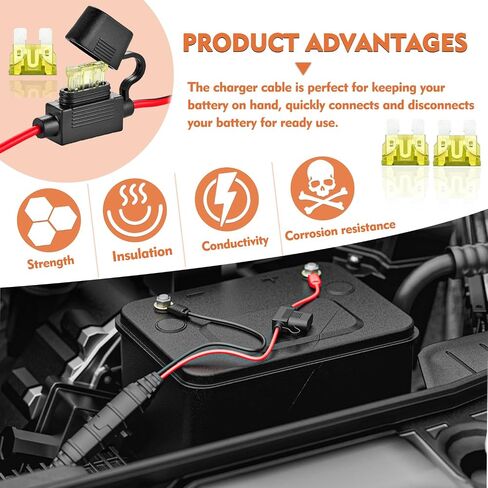 Wires Harness Compatible with GC002 X-Connect M6 (1/4in) XL Eyelet Terminal Connector for Genius Smart Battery Chargers Cable with 20A fuses(M6,2PACK) in Kuwait