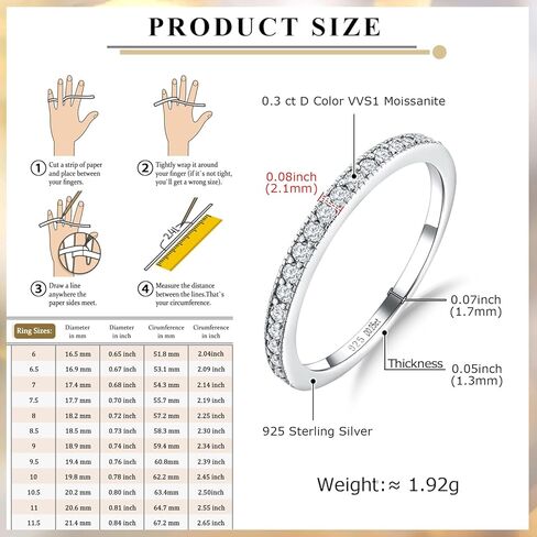 Moissanite Engagement Rings for Women, Sterling Silver Stackable Anniversary Ring Created Birthstone Half Eternity Band Rings for Men, Size 6 to 10, Width 1.4mm 1.7mm in Kuwait