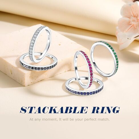 Moissanite Engagement Rings for Women, Sterling Silver Stackable Anniversary Ring Created Birthstone Half Eternity Band Rings for Men, Size 6 to 10, Width 1.4mm 1.7mm in Kuwait