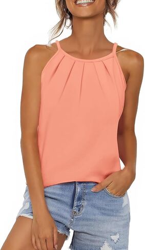 Zeagoo Womens 2025 Halter Neck Tank Tops Casual Sleeveless Pleated Camisole Tops Summer Loose Fit Cami Shirts in Saudi Arabia