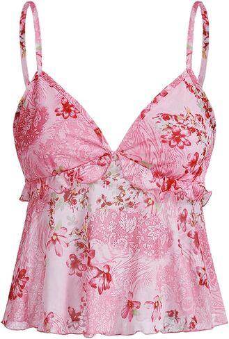 Milumia Women's Floral Mesh Cami Crop Top V Neck Ruffle Spaghetti Strap Tank Tops in Saudi Arabia