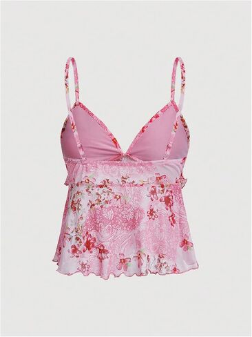 Milumia Women's Floral Mesh Cami Crop Top V Neck Ruffle Spaghetti Strap Tank Tops in Saudi Arabia