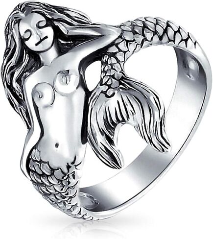 Nautical Marine Life Tropical Beach Nymph Siren Mermaid Ring For Women Oxidized .925 Sterling Silver 2MM Band in Saudi Arabia