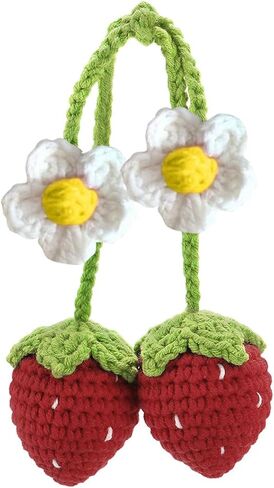 Crochet Strawberry Car Hanging Ornament, Handmade Knitted Car Mirror Hanging Accessories, Car Rear View Mirror Charm, Cute Car Pendant Auto Interior Aesthetic Decor Accessories Present (Red) in Kuwait