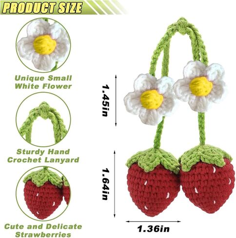 Crochet Strawberry Car Hanging Ornament, Handmade Knitted Car Mirror Hanging Accessories, Car Rear View Mirror Charm, Cute Car Pendant Auto Interior Aesthetic Decor Accessories Present (Red) in Kuwait