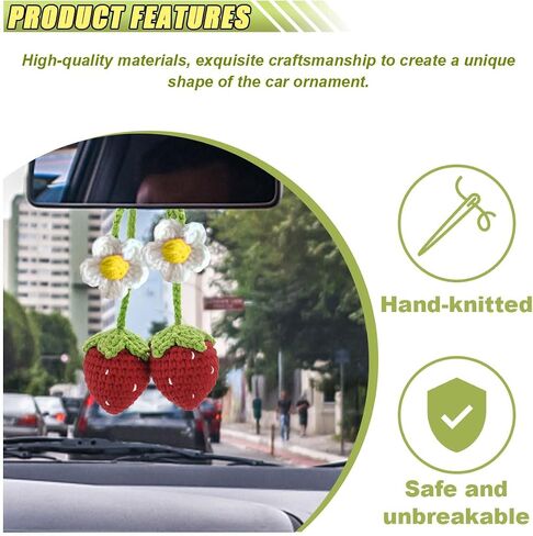 Crochet Strawberry Car Hanging Ornament, Handmade Knitted Car Mirror Hanging Accessories, Car Rear View Mirror Charm, Cute Car Pendant Auto Interior Aesthetic Decor Accessories Present (Red) in Kuwait