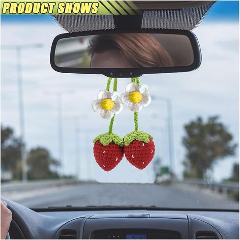 Crochet Strawberry Car Hanging Ornament, Handmade Knitted Car Mirror Hanging Accessories, Car Rear View Mirror Charm, Cute Car Pendant Auto Interior Aesthetic Decor Accessories Present (Red) in Kuwait