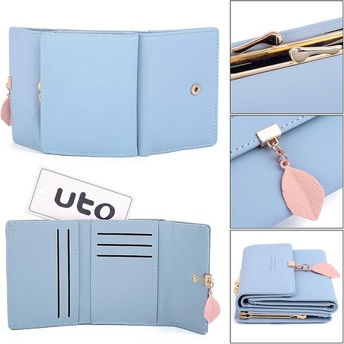 UTO Small Wallet for Women PU Leather Leaf Pendant Card Holder Organizer Coin Purse B Light Blue in Kuwait