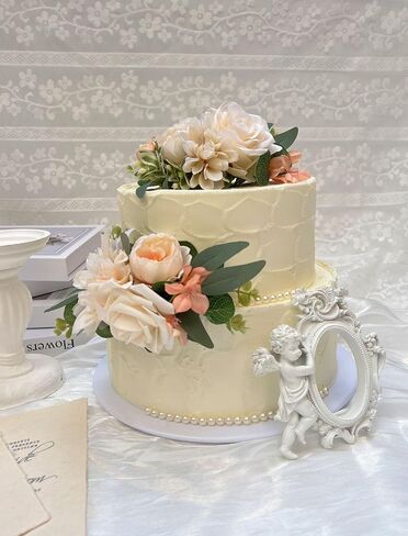 2Pcs Cake Topper Set, Wedding Artificial Flowers Decor White Green Cake Topper Decorations for Wedding Ceremony Anniversary, Wedding Home Decor,Boho Wedding in Saudi Arabia