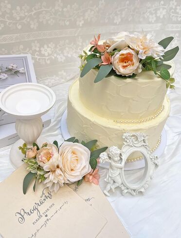 2Pcs Cake Topper Set, Wedding Artificial Flowers Decor White Green Cake Topper Decorations for Wedding Ceremony Anniversary, Wedding Home Decor,Boho Wedding in Saudi Arabia