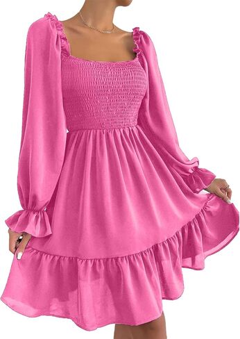 Ekaliy Women's Square Neck Puff Sleeve Dress Smocked Casual A Line Swing Flowy Ruffle Hem Babydoll Mini Dress in Kuwait