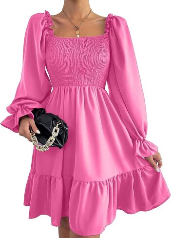 Ekaliy Women's Square Neck Puff Sleeve Dress Smocked Casual A Line Swing Flowy Ruffle Hem Babydoll Mini Dress in Kuwait
