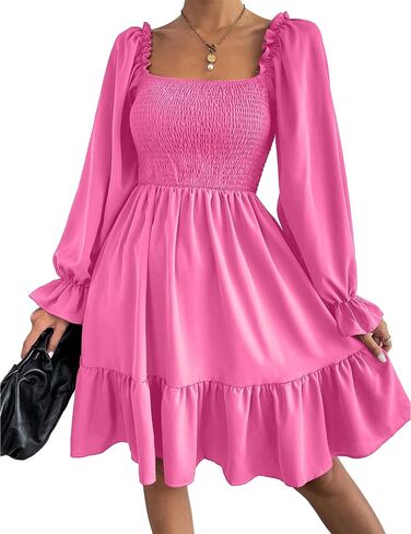 Ekaliy Women's Square Neck Puff Sleeve Dress Smocked Casual A Line Swing Flowy Ruffle Hem Babydoll Mini Dress in Kuwait
