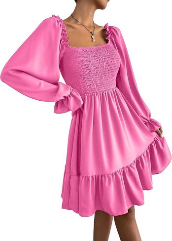 Ekaliy Women's Square Neck Puff Sleeve Dress Smocked Casual A Line Swing Flowy Ruffle Hem Babydoll Mini Dress in Kuwait