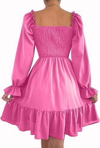 Ekaliy Women's Square Neck Puff Sleeve Dress Smocked Casual A Line Swing Flowy Ruffle Hem Babydoll Mini Dress in Kuwait