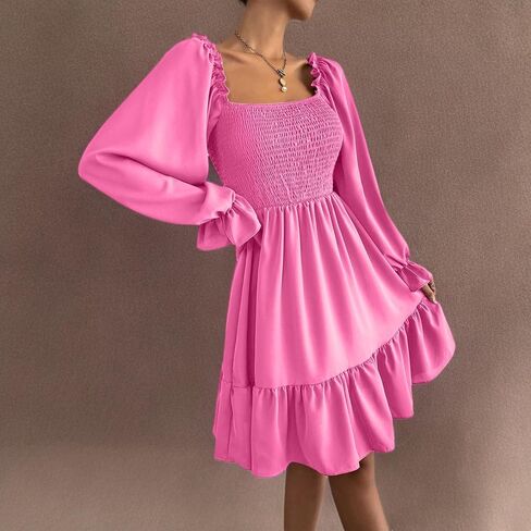 Ekaliy Women's Square Neck Puff Sleeve Dress Smocked Casual A Line Swing Flowy Ruffle Hem Babydoll Mini Dress in Kuwait