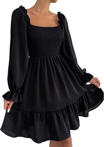 Ekaliy Women's Square Neck Puff Sleeve Dress Smocked Casual A Line Swing Flowy Ruffle Hem Babydoll Mini Dress in Kuwait