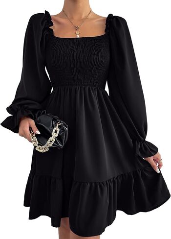 Ekaliy Women's Square Neck Puff Sleeve Dress Smocked Casual A Line Swing Flowy Ruffle Hem Babydoll Mini Dress in Kuwait